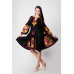 Boho Style Ukrainian Embroidered Midi Broad Dress Black with Pink/Yellow Embroidery